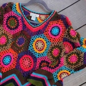 Boho EXPRESS TRICOT Sweater Vintage Crochet Colorful Red Pink Blue Size Medium